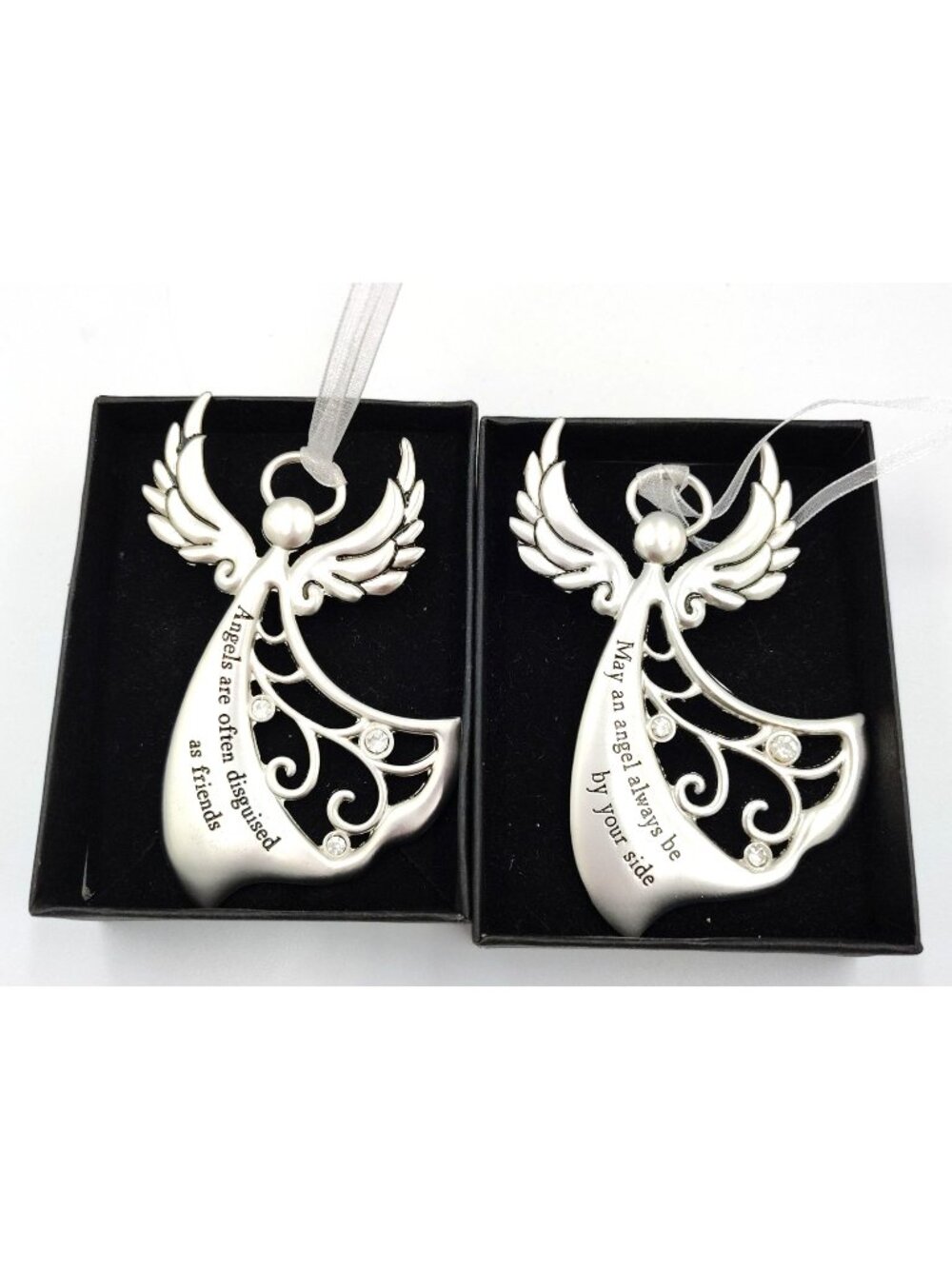 Angel Christmas Ornament Lot of 2 Silver Tone Rhinestone Inspirational Gifts